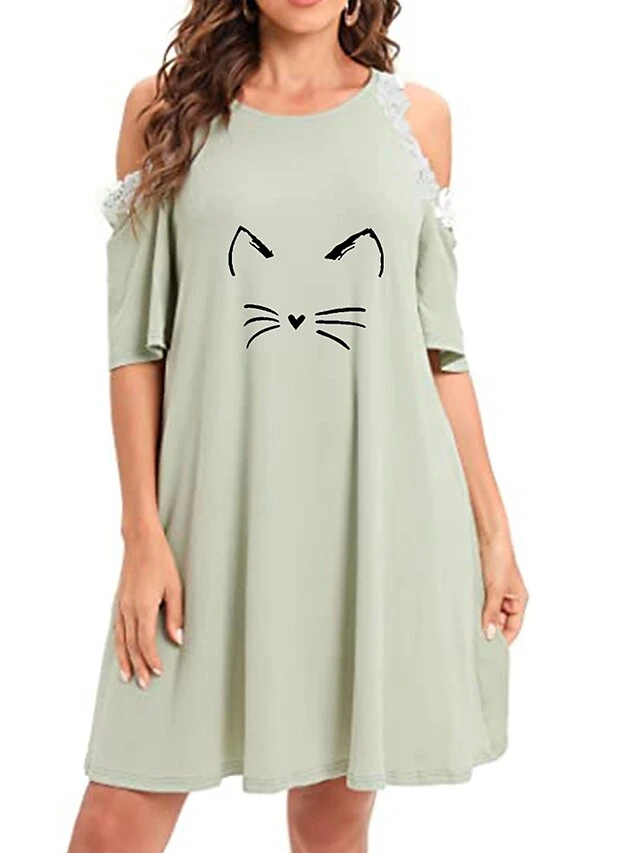Women's Loungewear Nightgown Nightshirt Dress Cat Casual Comfort Sweet Home Street Daily Polyester Breathable Crew Neck Half Sleeve Hole Summer Spring Black Light Green 6 Women's Loungewear Nightgown Nightshirt Dress Cat Casual Comfort Sweet Home Street Daily Polyester Breathable Crew Neck Half Sleeve Hole Summer Spring Black Light Green - Image 4