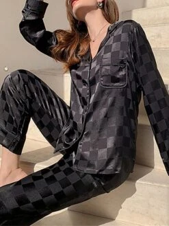 Women's Satin Silk Lounge Sets 2 Pieces Grid / Plaid Fashion Casual Comfort Street Daily Date Silk Breathable Lapel Long Sleeve Pant Button Pocket Summer Fall Black White -Ladies Pajamas Store bwhaka1689581325732