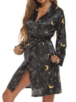 Women's Pajamas Robes Gown Bathrobes Nighty 1 PCS Star Flower Fashion Retro Comfort Home Wedding Party Spa Satin V Wire Long Sleeve Print Belt Included Spring Summer Black Blue -Ladies Pajamas Store bwqrtp1643189539035