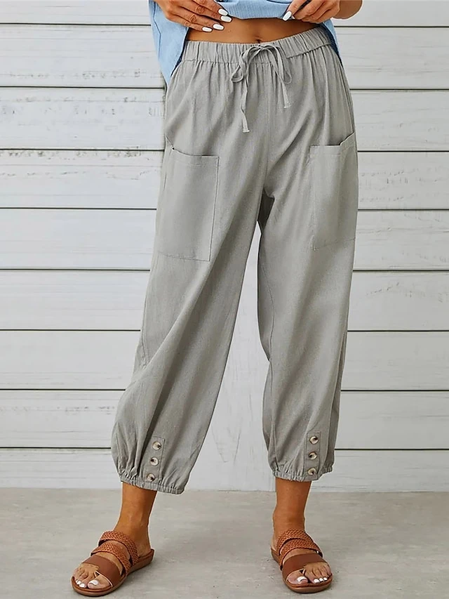 Women's Cotton And Linen Loungewear Pants Pure Color Elastic Waist With Drawstring Simple Casual Comfort Home Daily Vacation Breathable Pocket Summer Spring Black White 3 Women's Cotton And Linen Loungewear Pants Pure Color Elastic Waist With Drawstring Simple Casual Comfort Home Daily Vacation Breathable Pocket Summer Spring Black White
