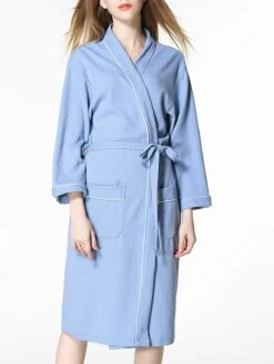 Women's Cotton Robe Pure Color Simple Casual Comfort Home Bed Wedding Party Breathable V Wire Long Sleeve Pocket Fall Winter White Pink -Ladies Pajamas Store bwtuis1694072388020