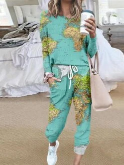 Women's Loungewear Sets Nighty 2 Pieces Letter Graphic Prints Fashion Comfort Home Street Polyester Crew Neck Long Sleeve Pant Winter Fall Blue Rainbow -Ladies Pajamas Store bxwppr1658496022293