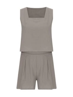 Women's Loungewear Sets Pure Color Simple Casual Comfort Street Daily Date Cotton And Linen Breathable Square Neck Sleeveless Shorts Pocket Summer Spring Black White -Ladies Pajamas Store byvinm1681730705772