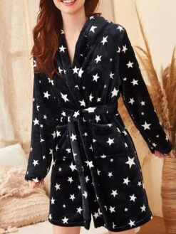 Women's Pajamas Bathrobe Star Warm Plush Casual Home Daily Bed Flannel Warm Breathable Hoodie Long Sleeve Pocket Belt Included Fall Winter Black -Ladies Pajamas Store bzhiav1695023688849