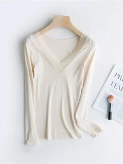 Women's Delong Thermal Shirt Top Pure Color Warm Simple Casual Home Daily Going Out Nylon Warm V Wire Long Sleeve Fall Winter Black Camel -Ladies Pajamas Store bzobvi1697161963433