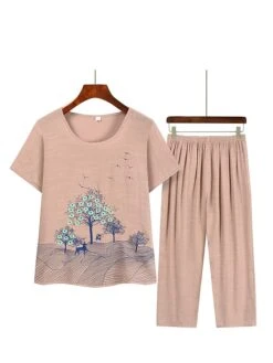 Women's Plus Size Loungewear Sets Animal Elk Simple Casual Comfort Home Daily Vacation Polyester Breathable Crew Neck Short Sleeve T Shirt Tee Elastic Waist Summer Spring Pink Blue