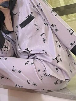 Women's Pajamas Sets Cat Letter Casual Comfort Soft Home Daily Bed Satin Breathable Lapel Long Sleeve Shirt Pant Button Pocket Fall Winter 8602#[Long Sleeve] 8101#[Long Sleeve] -Ladies Pajamas Store cbfkwx1697161953390