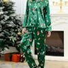 Women's Christmas Pajamas Sets Santa Claus Snowman Fashion Comfort Soft Home Xmas Daily Satin Breathable Lapel Long Sleeve Shirt Pant Button Pocket Fall Winter Green -Ladies Pajamas Store cblxnx1693467378320