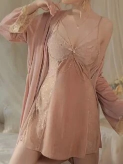 Women's Velvet Slip Lingerie Sets Bathrobe Nightgown Dress Pure Color Warm Fashion Home Daily Bed Warm Summer Spring Black Suspenders Burgundy Suspender + Robe -Ladies Pajamas Store ccblqy1697074769618