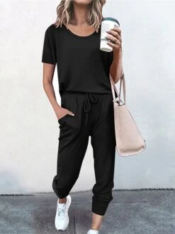 Women's Loungewear Sets Pure Color Fashion Casual Comfort Street Daily Date Polyester Breathable Crew Neck Short Sleeve T Shirt Tee Pant Pocket Elastic Waist Summer Fall Black Pink 11 Women's Loungewear Sets Pure Color Fashion Casual Comfort Street Daily Date Polyester Breathable Crew Neck Short Sleeve T Shirt Tee Pant Pocket Elastic Waist Summer Fall Black Pink -Ladies Pajamas Store ccootd1689506594343