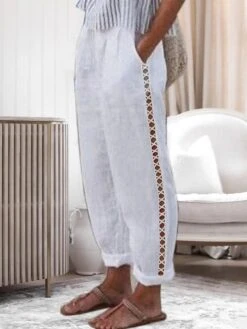 Women's Loungewear Pants Lounge Pants Pure Color Simple Casual Comfort Home Daily Vacation Cotton And Linen Breathable Pocket Elastic Waist Summer Spring White Blue -Ladies Pajamas Store ccpapn1678256920431