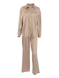 Women's Loungewear Sets Pure Color Fashion Comfort Soft Home Daily Bed Satin Breathable Lapel Long Sleeve Shirt Pant Button Pocket Fall Winter Khaki -Ladies Pajamas Store cctroo1693206726188