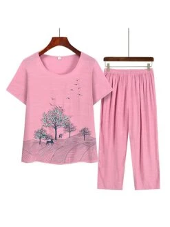 Women's Plus Size Loungewear Sets Animal Elk Simple Casual Comfort Home Daily Vacation Polyester Breathable Crew Neck Short Sleeve T Shirt Tee Elastic Waist Summer Spring Pink Blue -Ladies Pajamas Store cefkku1683171864319