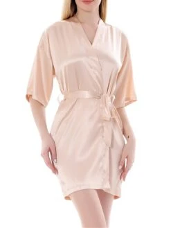 Women's Pajamas Robe Bathrobe Robes Gown Pure Color Casual Comfort Soft Home Daily Bed Satin Breathable V Wire Half Sleeve Summer Fall Black White -Ladies Pajamas Store cekvtk1689581325074