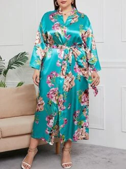 Women's Plus Size Pajamas Bathrobe Flower Simple Casual Comfort Home Bed Satin Breathable V Wire Long Sleeve Summer Spring Red Green -Ladies Pajamas Store ceqgfn1693986209163