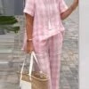Women's Plus Size Loungewear Sets Grid / Plaid Basic Casual Comfort Home Daily Vacation Cotton Breathable Crew Neck Short Sleeve Shirt Pant Pocket Summer Spring Pink -Ladies Pajamas Store cfnowl1683533765524