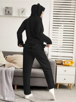 Women's Plus Size Loungewear Sets Cat Letter Casual Comfort Soft Home Daily Vacation Polyester Warm Hoodie Long Sleeve Hoodie Pant Pocket Embroidery Fall Winter Black Pink -Ladies Pajamas Store cgnpmd1693467394202