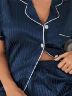 Women's Loungewear Sets Heart Stripe Casual Comfort Soft Home Daily Bed Polyester Breathable Lapel Short Sleeve Shirt Shorts Pocket Elastic Waist Summer Spring Blue And White White -Ladies Pajamas Store ciirgl1680576875882