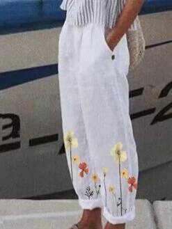 Women's Loungewear Bottom Nighty Flower Simple Comfort Home Street Cotton And Linen Long Pant Elastic Waist Spring Summer Purple Yellow -Ladies Pajamas Store cisbvc1652756106090