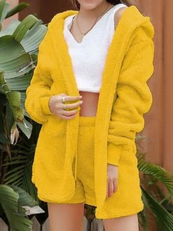 Women's Pajamas Sets Pure Color Warm Fashion Soft Home Daily Bed Polyester Warm Hoodie Long Sleeve Tank Top Shorts Hoodie Fall Winter Deep Purple Off White -Ladies Pajamas Store cjolqx1692689282871