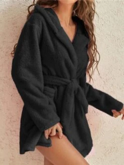 Women's Fleece Robes Gown Pjs Pure Color Simple Plush Comfort Home Daily Bed Warm V Wire Long Sleeve Pocket Fall Winter Black Gray -Ladies Pajamas Store ckqmyt1665661973891