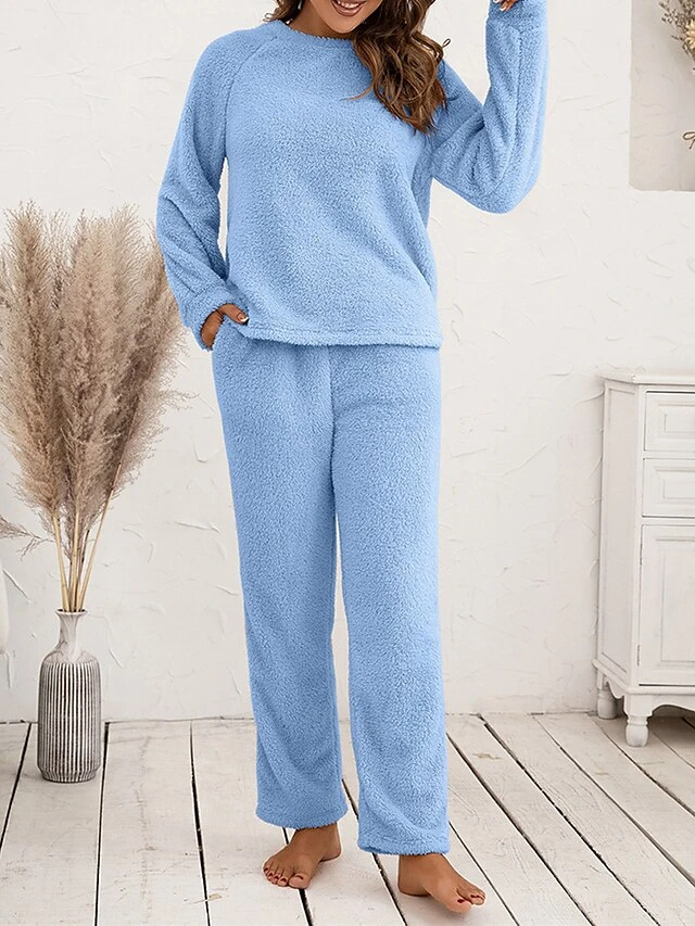 Women's Fuzzy Pajama Sets Pure Color Fashion Casual Soft Home Daily Bed Polyester Warm Breathable Crew Neck Long Sleeve Pant Fall Winter Black Pink 9 Women's Fuzzy Pajama Sets Pure Color Fashion Casual Soft Home Daily Bed Polyester Warm Breathable Crew Neck Long Sleeve Pant Fall Winter Black Pink - Image 7