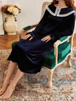 Women's Loungewear Dress Patchwork Warm Simple Casual Street Daily Date Velvet Warm Breathable Crew Neck Long Sleeve Fall Winter Pink Blue -Ladies Pajamas Store clvjeq1696751808514