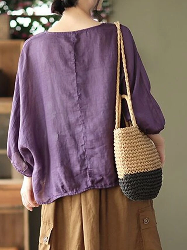 Women's Plus Size Loungewear Top Pure Color Simple Casual Comfort Home Daily Vacation Linen Breathable Crew Neck Long Sleeve Shirt Summer Spring Black Purple 9 Women's Plus Size Loungewear Top Pure Color Simple Casual Comfort Home Daily Vacation Linen Breathable Crew Neck Long Sleeve Shirt Summer Spring Black Purple - Image 7