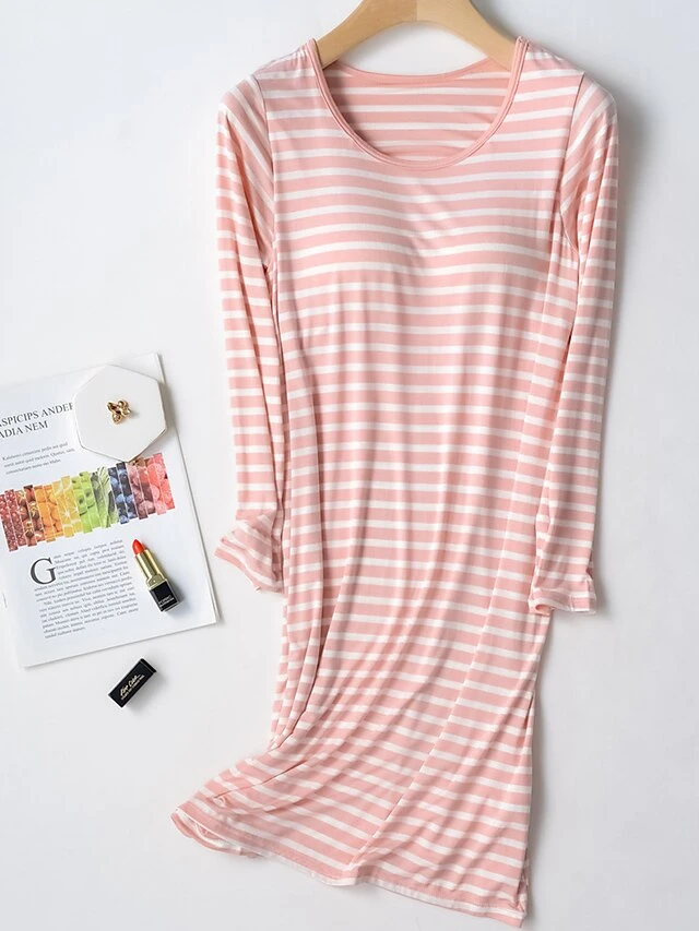 Women's Striped Modal Nightgown With Chest Pads Nightshirt Dress Simple Casual Comfort Home Daily Bed Modal Breathable Crew Neck Long Sleeve Fall Winter Black Pink 4 Women's Striped Modal Nightgown With Chest Pads Nightshirt Dress Simple Casual Comfort Home Daily Bed Modal Breathable Crew Neck Long Sleeve Fall Winter Black Pink - Image 2