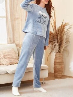 Women's Fuzzy Pajamas Sets Cartoon Cat Fashion Casual Soft Home Daily Bed Flannel Breathable Crew Neck Long Sleeve Pant Fall Winter Blue 11 Women's Fuzzy Pajamas Sets Cartoon Cat Fashion Casual Soft Home Daily Bed Flannel Breathable Crew Neck Long Sleeve Pant Fall Winter Blue -Ladies Pajamas Store cokyxo1689581347197