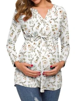 Women's Maternity Tops Pregnancy Shirts Floral Pattern Casual Comfort Pastoral Home Daily Vacation Cotton Breathable V Wire Long Sleeve Fall Winter White Light Green -Ladies Pajamas Store cseyda1695281837607
