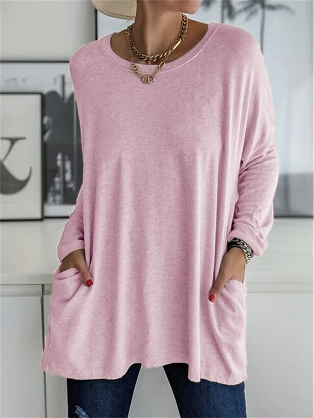 Women's Loungewear Top Pure Color Simple Casual Comfort Home Daily Vacation Polyester Breathable Crew Neck Long Sleeve T Shirt Tee Pocket Summer Spring Black White 5 Women's Loungewear Top Pure Color Simple Casual Comfort Home Daily Vacation Polyester Breathable Crew Neck Long Sleeve T Shirt Tee Pocket Summer Spring Black White - Image 3