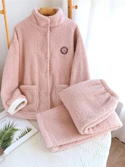 Women's Pajamas Sets Pure Color Warm Fashion Casual Home Daily Bed Flannel Warm Stand Collar Long Sleeve Pant Button Fall Winter Pink Beige -Ladies Pajamas Store cuifzf1692950054744