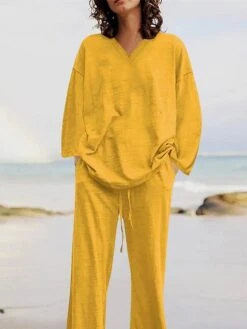 Women's Plus Size Loungewear Sets 2 Pieces Pure Color Fashion Casual Comfort Street Daily Date Cotton Breathable V Wire Long Sleeve Pant Summer Fall Yellow Pink -Ladies Pajamas Store cunuot1689326423531