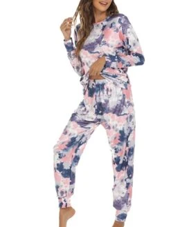 Women's Loungewear Sets Nighty 2 Pieces Tie Dye Comfort Home Daily Polyester Crew Neck Long Sleeve Pant Fall Spring Blue Pink -Ladies Pajamas Store cvtqun1660039851098