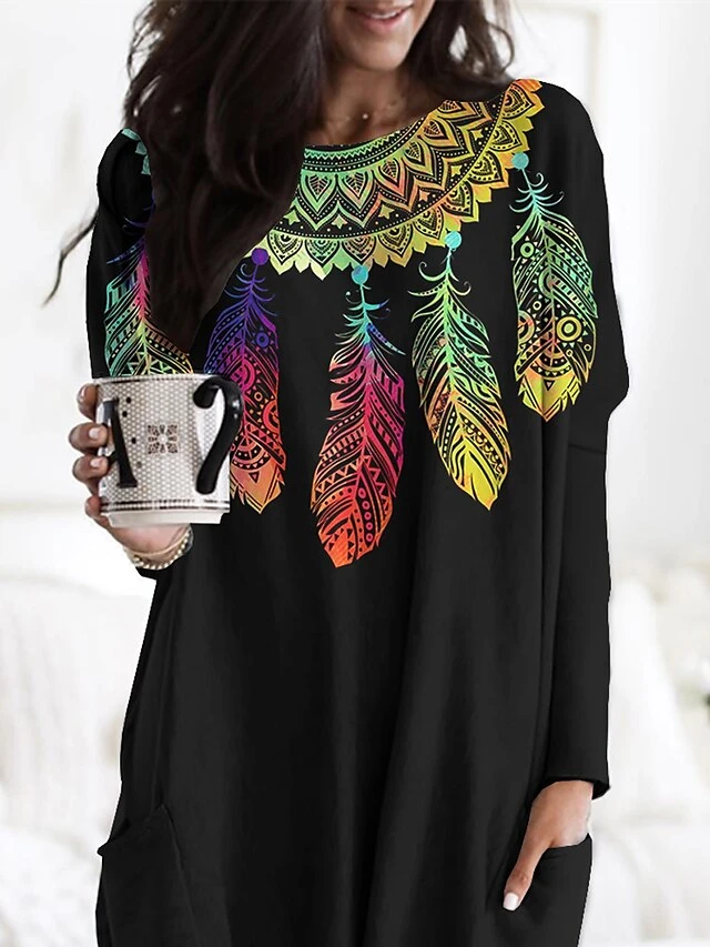 Women's Nightgown Gradient Fashion Comfort Home Daily Polyester Crew Neck Long Sleeve Pocket Fall Winter Black White 4 Women's Nightgown Gradient Fashion Comfort Home Daily Polyester Crew Neck Long Sleeve Pocket Fall Winter Black White - Image 2