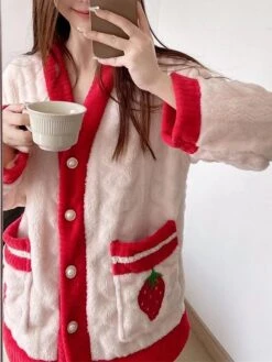Women's Pajamas Sets Fruit Fashion Casual Comfort Home Daily Bed Flannel Warm V Wire Long Sleeve Cardigan Pant Button Pocket Fall Winter Pink Red -Ladies Pajamas Store cxtbes1693295694448