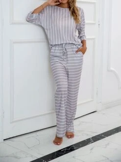 Women's Pajamas Sets Stripe Fashion Home Daily Bed Polyester Crew Neck Half Sleeve Pocket Fall Winter Black Blue -Ladies Pajamas Store cyadgn1692689280313