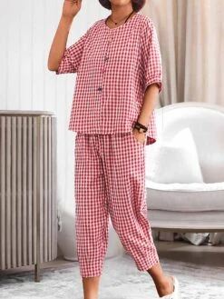 Women's Plus Size Loungewear Sets Grid / Plaid Simple Casual Comfort Home Daily Vacation Polyester Breathable V Wire Half Sleeve Shirt Button Summer Fall Black Red