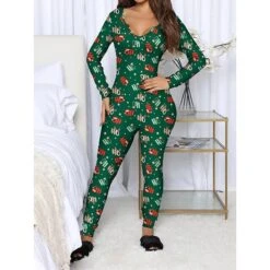 Women's Xmas Onesie Pajama Letter Elk Casual Comfort Soft ChristmasBreathable V Wire Long Sleeve Fall Winter -Ladies Pajamas Store cztxwn1695281851353
