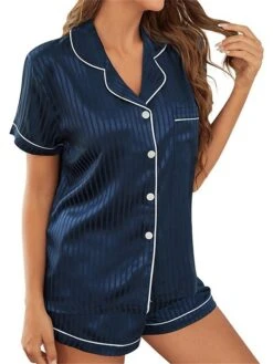 Women's Loungewear Sets Heart Stripe Casual Comfort Soft Home Daily Bed Polyester Breathable Lapel Short Sleeve Shirt Shorts Pocket Elastic Waist Summer Spring Blue And White White -Ladies Pajamas Store dbzmfh1680576875257