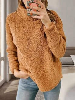 Women's Fleece Turtleneck Lounge Top Pure Color Plush Casual Comfort Home Street Daily Polar Fleece Warm Stand Collar Long Sleeve Pullover Fall Winter Black White