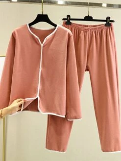 Women's Pajamas Sets Patchwork Warm Fashion Plush Home Daily Bed Cotton Warm Breathable V Wire Long Sleeve Shirt Pant Button Fall Winter Korean Fans Yellow