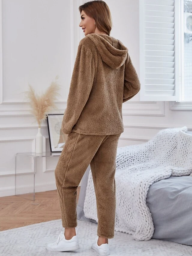 Women's Loungewear Sets Pure Color Maillard Plush Casual Comfort Home Daily Vacation Flannel Warm Hoodie Long Sleeve Cardigan Pant Pocket Fall Winter Khaki 8 Women's Loungewear Sets Pure Color Maillard Plush Casual Comfort Home Daily Vacation Flannel Warm Hoodie Long Sleeve Cardigan Pant Pocket Fall Winter Khaki - Image 6