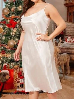 Women‘s Christmas Plus Size Curve Pajamas Nightgown Dress Nighty Pure Color Comfort Home Daily Satin Straps Sleeveless Backless Spring Summer Wine Champagne -Ladies Pajamas Store ddunvq1668237492545