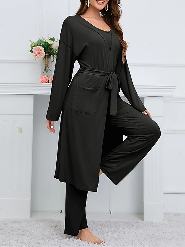 Women's Pajamas Sets 3 Pieces Pure Color Fashion Plush Casual Home Daily Bed Linen Breathable Crew Neck Long Sleeve Robe Top Pant Pocket Fall Winter Black Blue 17 Women's Pajamas Sets 3 Pieces Pure Color Fashion Plush Casual Home Daily Bed Linen Breathable Crew Neck Long Sleeve Robe Top Pant Pocket Fall Winter Black Blue - Image 15