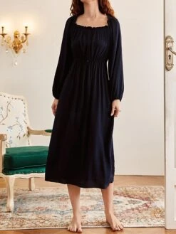 Women's Loungewear Nightgown Nightshirt Dress Pure Color Casual Comfort Soft Home Daily Vacation Velvet Breathable Square Neck Long Sleeve Fall Winter Navy Blue