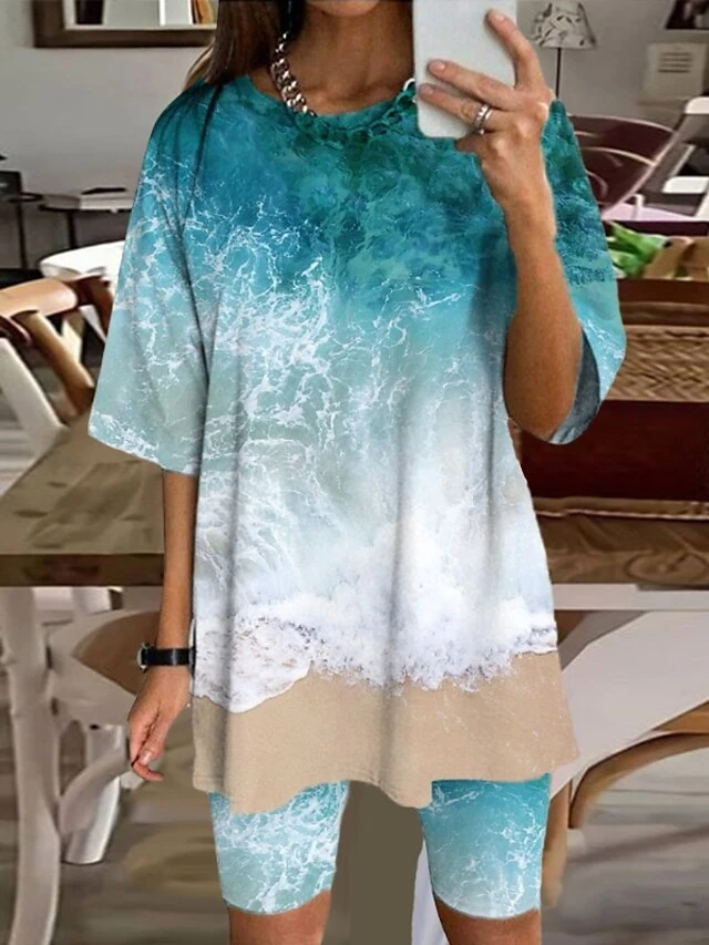 Women's Loungewear Sets 2 Pieces Gradient Comfort Sweet Home Daily Polyester Crew Neck Half Sleeve Spring Summer Blue 3 Women's Loungewear Sets 2 Pieces Gradient Comfort Sweet Home Daily Polyester Crew Neck Half Sleeve Spring Summer Blue