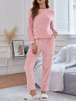 Women's Fleece Pajamas Sets Flannel Warm Dot Warm Fashion Plush Home Daily Bed Breathable Crew Neck Long Sleeve Pant Fall Winter Pink
