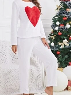 Women's Christmas Loungewear Sets Heart Plush Casual Comfort Home Xmas Daily Flannel Warm Crew Neck Long Sleeve Hoodie Pant Fall Winter White